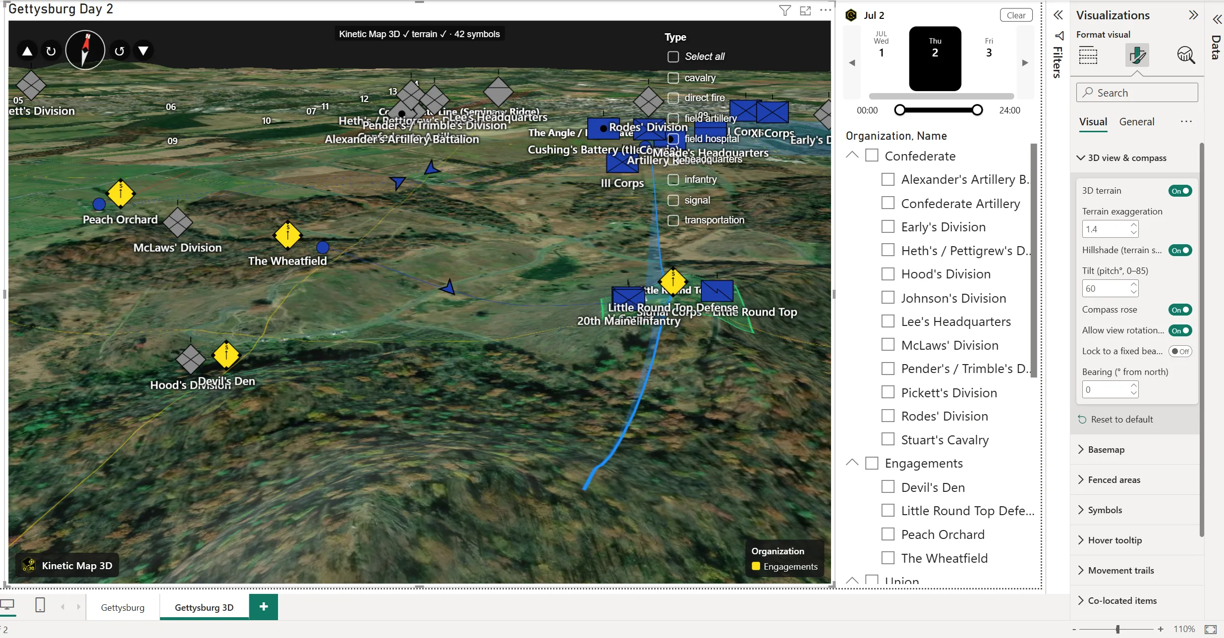 Kinetic Map 3D showing the Battle of Gettysburg Day 2 on a 3D terrain globe